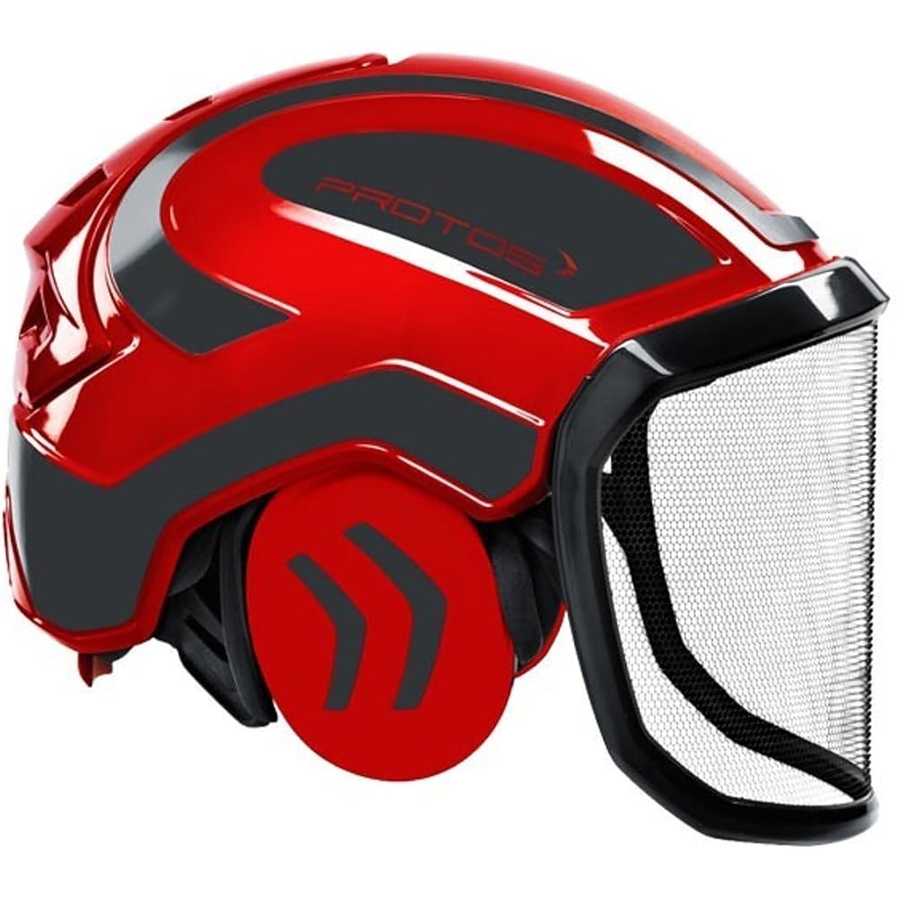 Protos Casque de sécurité intégral avec protection auditive forestière - Couleur : rouge/noir - Équipement : visière fine : Bricolage