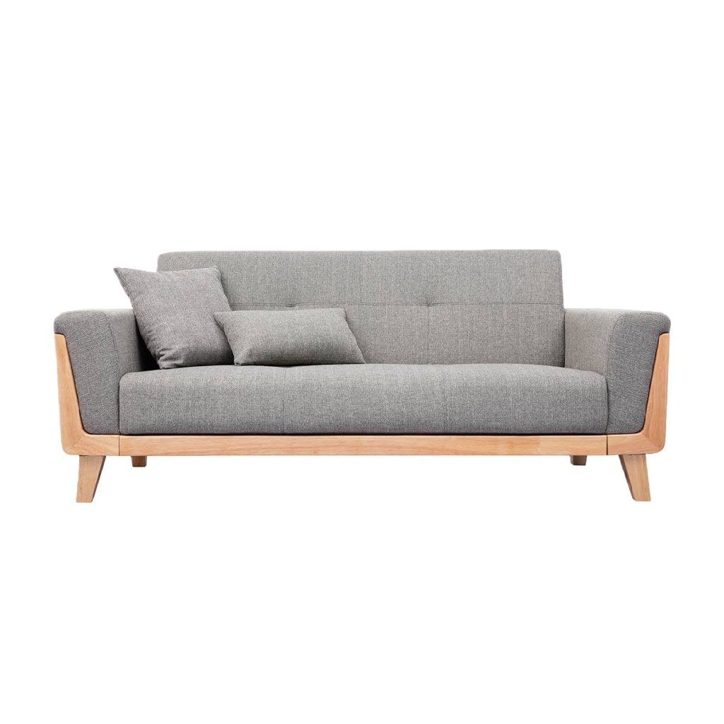 Canapé scandinave 3 places en tissu gris et bois clair – design nordique et élégant