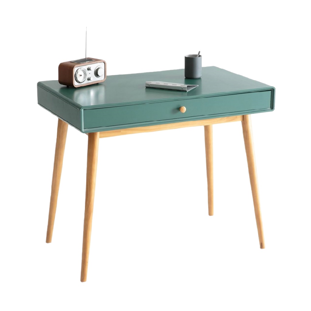 Bureau vert rétro avec tiroir et pieds en bois — Style scandinave vintage