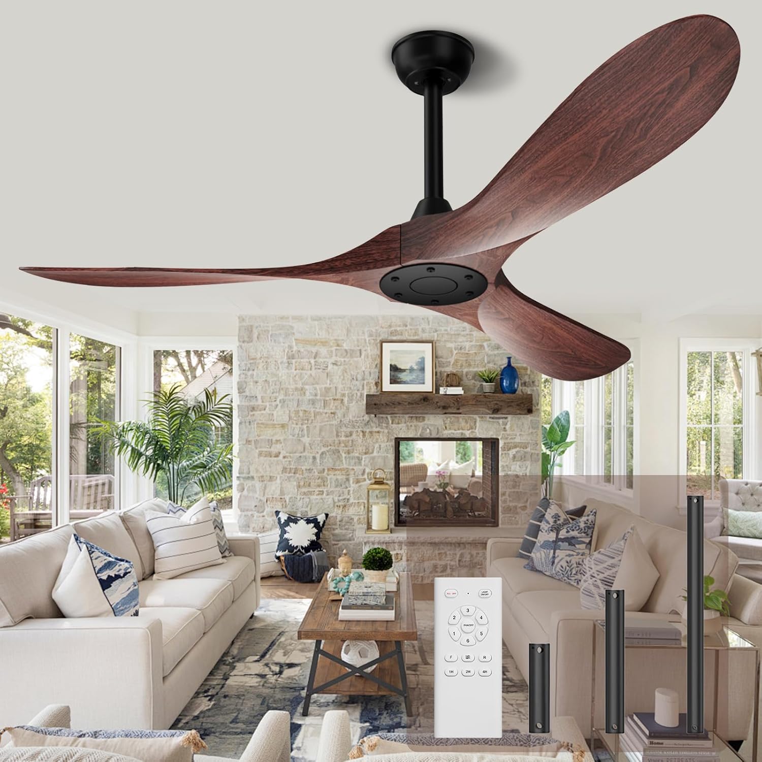 Biukis 152 cm Deckenventilator mit Fernbedienung, 6 Geschwindigkeitsstufen, reversibler DC-Motor für ganzjährige Nutzung, geeignet für Außenbereich, Garten, Wohnzimmer, Schlafzimmer – Walnuss