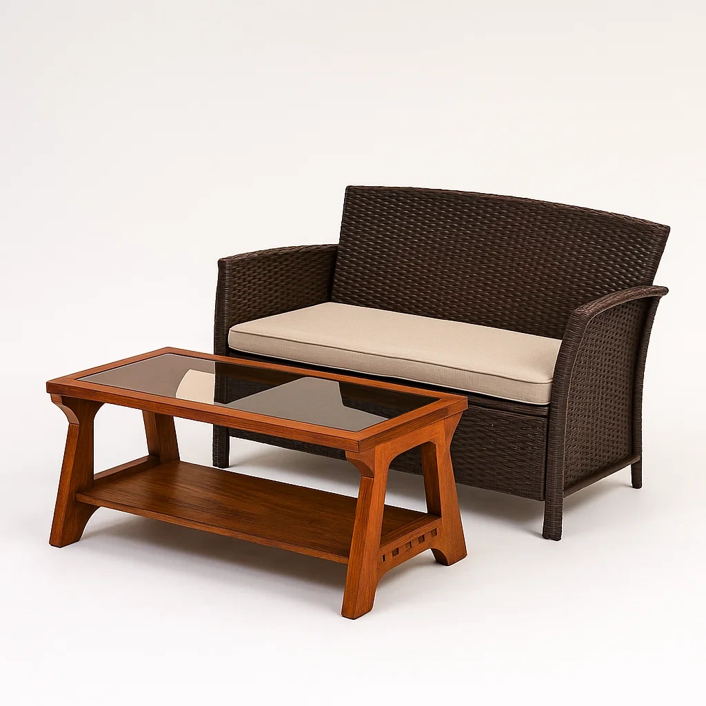 Salon de réception avec canapé 2 places en osier synthétique brun, coussin beige et table basse en bois et verre trempé 120x60x45 cm