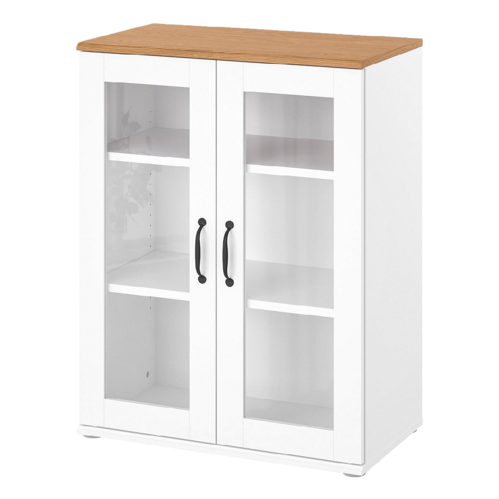 Buffet vitré 2 portes, blanc et chêne