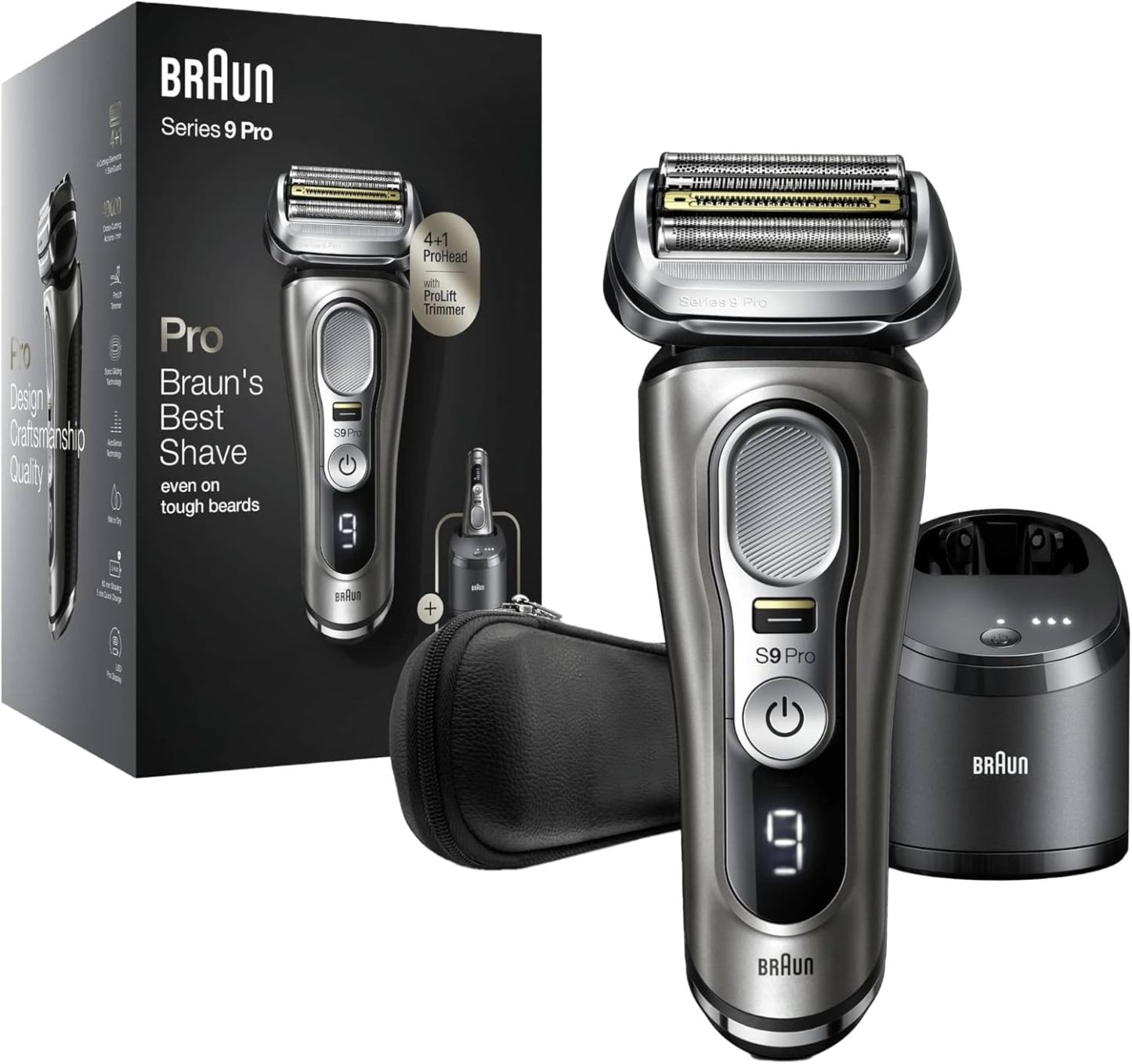 Braun Series 9 Pro Premium Rasierer Herren, Testsieger Stiftung Warentest, 4+1 Scherkopf, Elektrorasierer & Trimmer, Reinigungsstation, 60 Min Laufzeit, 9465cc, noble metal