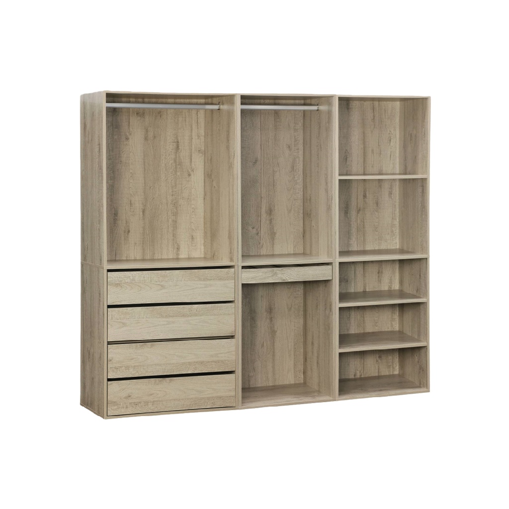 Dressing ouvert en bois avec tiroirs et étagères, chêne clair 180×50×200 cm