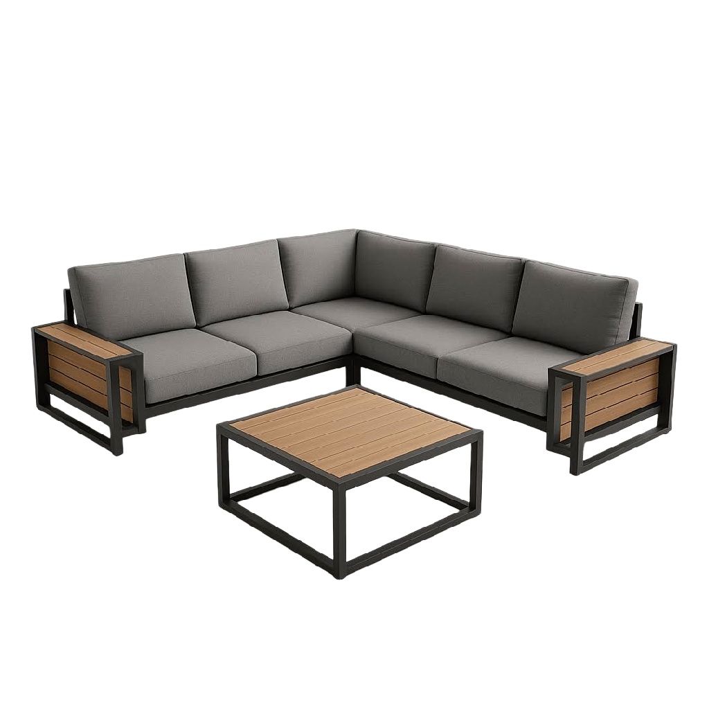 Salon de jardin d’angle 4 pièces en aluminium et bois composite avec coussins gris – Ensemble canapé d’extérieur moderne