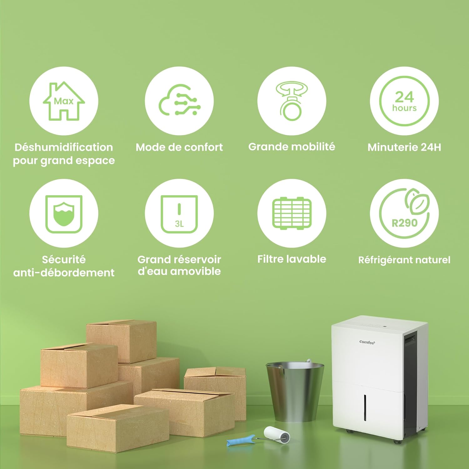 COMFEE' Déshumidificateur Puissant, Absorbe jusqu'à 30L-Jour, Sèche-linge, Mode confort, Réservoir 3L, Minuterie 24H, Idéal pour grandes pièces de 58-73㎡, MDDPE-30DEN7, Garage, Sous-sol