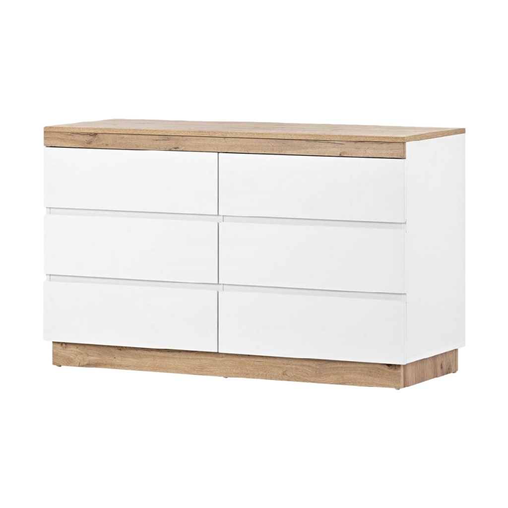 Commode 6 tiroirs bicolore blanc et chêne naturel – 160×78×48 cm, garantie 2 ans