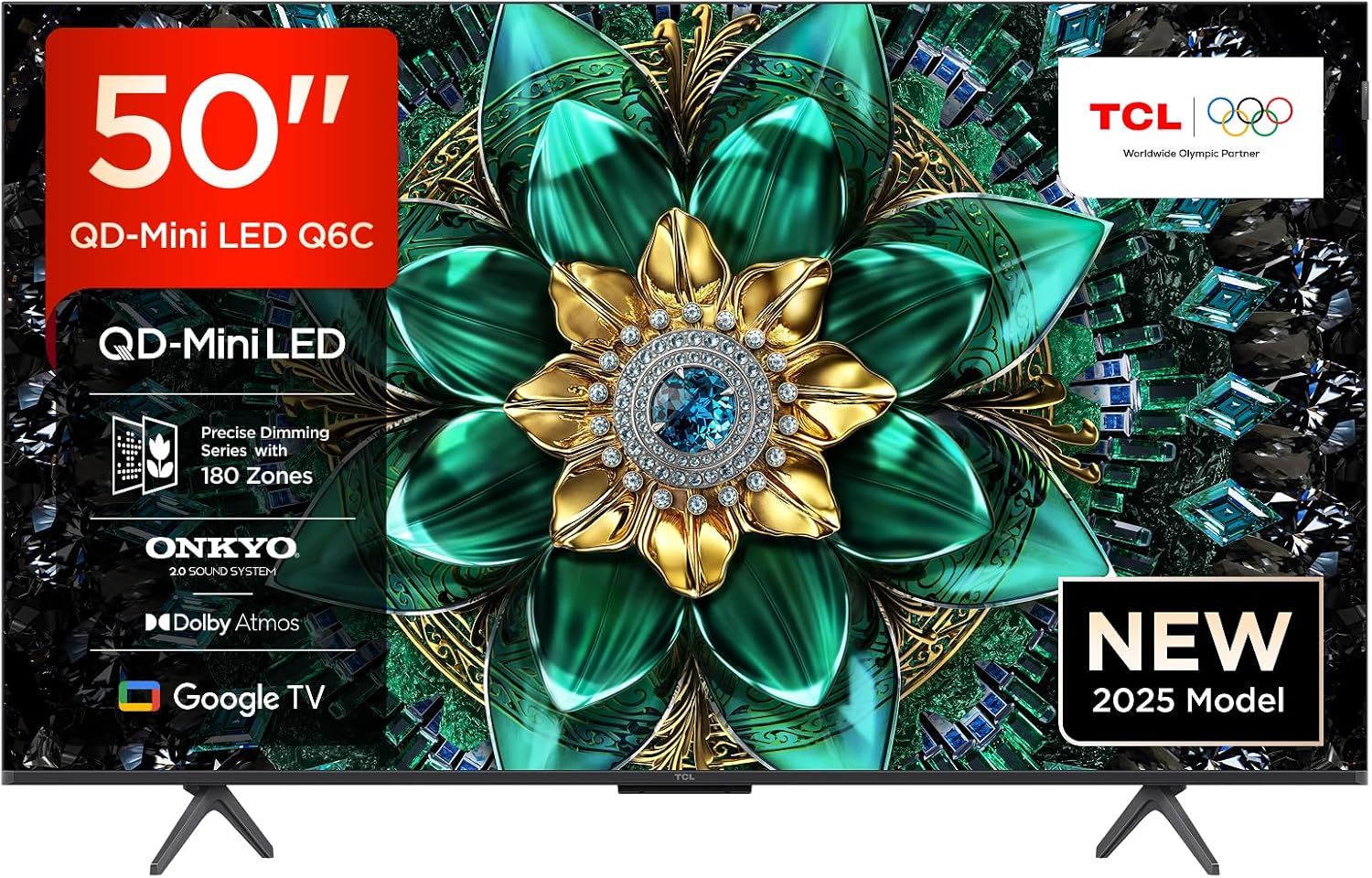 TCL 50Q6C QD-Mini LED TV, 4K HDR Premium 1000nits, Smart TV alimenté par Google (Dolby Vision IQ et Atmos, système Audio Onkyo 2.1, Motion Clarity Pro 144Hz, Game Master, contrôle Vocal Mains Libres) [Classe énergétique E]