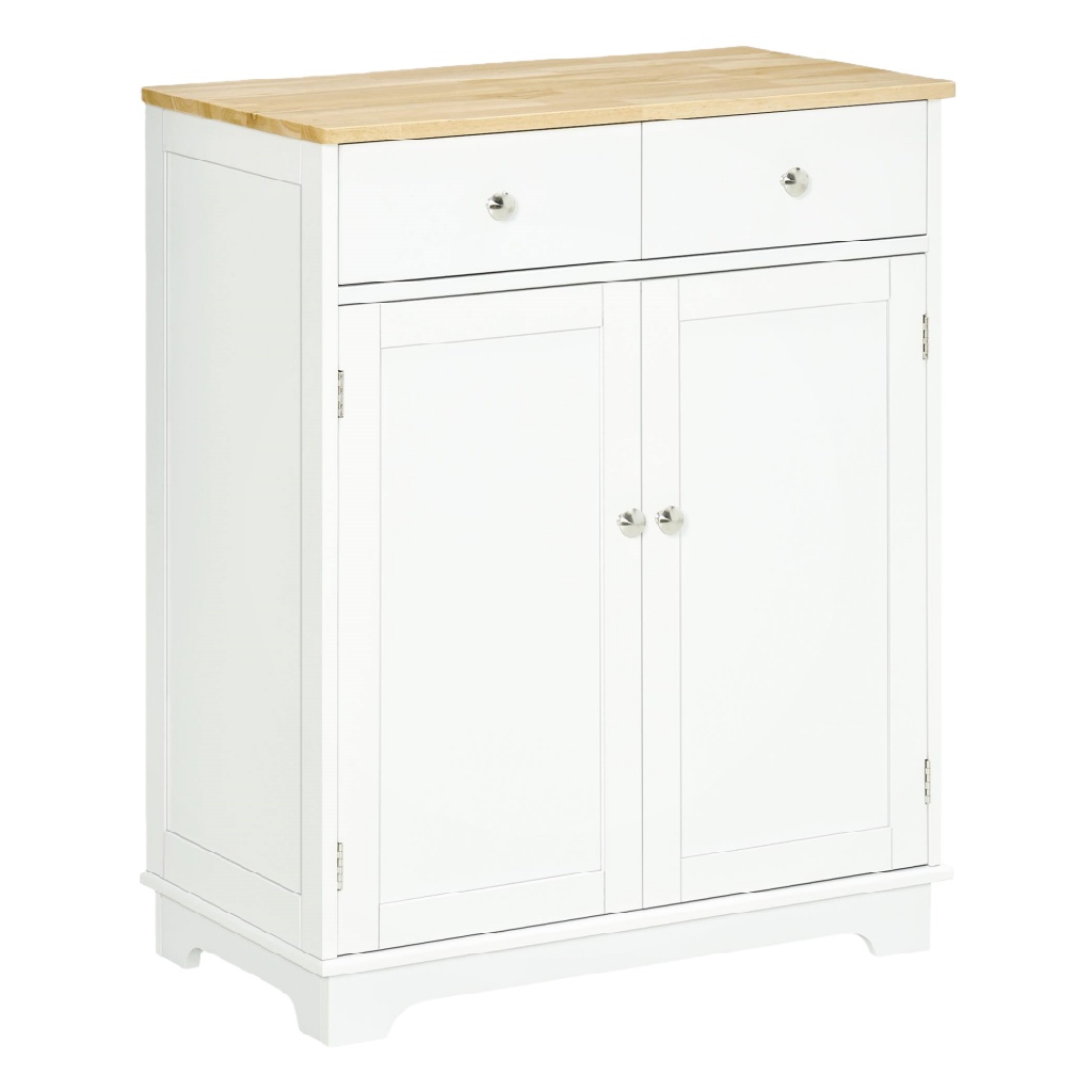 Buffet blanc avec plateau en bois naturel — 2 tiroirs + 2 portes — style campagne chic