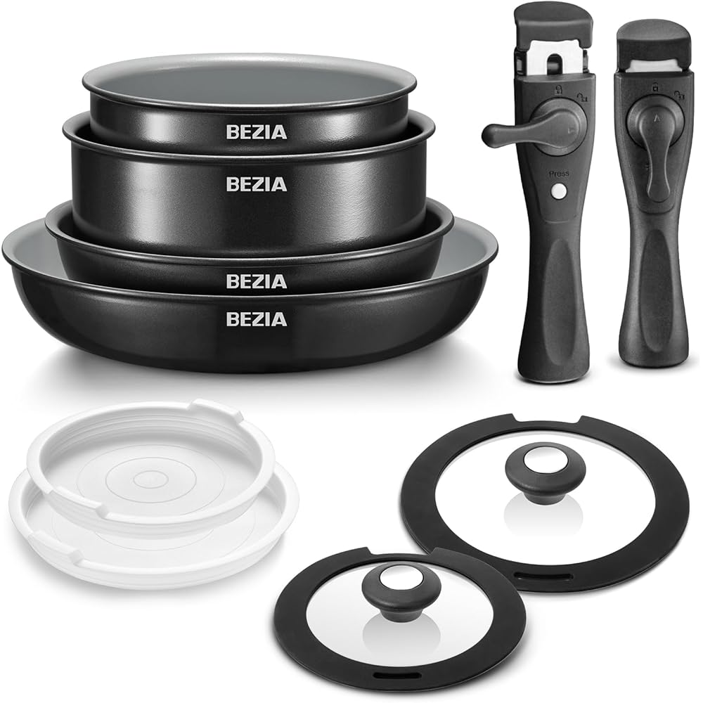 BEZIA Batterie de cuisine à induction avec revêtement en céramique sain, casseroles et poêles antiadhésives 10 pièces avec poignées amovibles, pour camping-car à induction avec poignées amovibles, : Cuisine et Maison