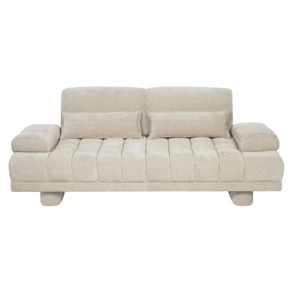 Canapé convertible 3 places en tissu beige – design moderne avec appuis-tête réglables et coussins