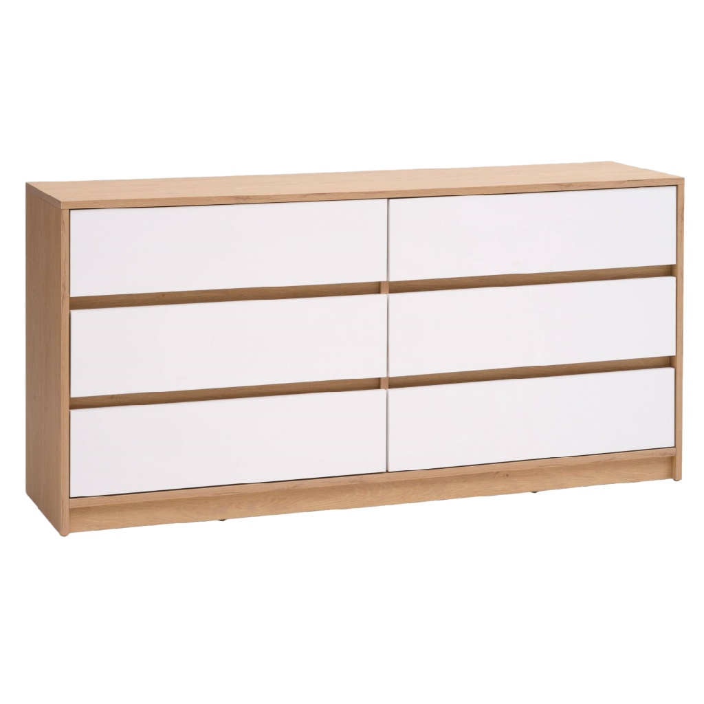 Commode 6 tiroirs bicolore blanc et chêne – meuble de rangement design scandinave moderne