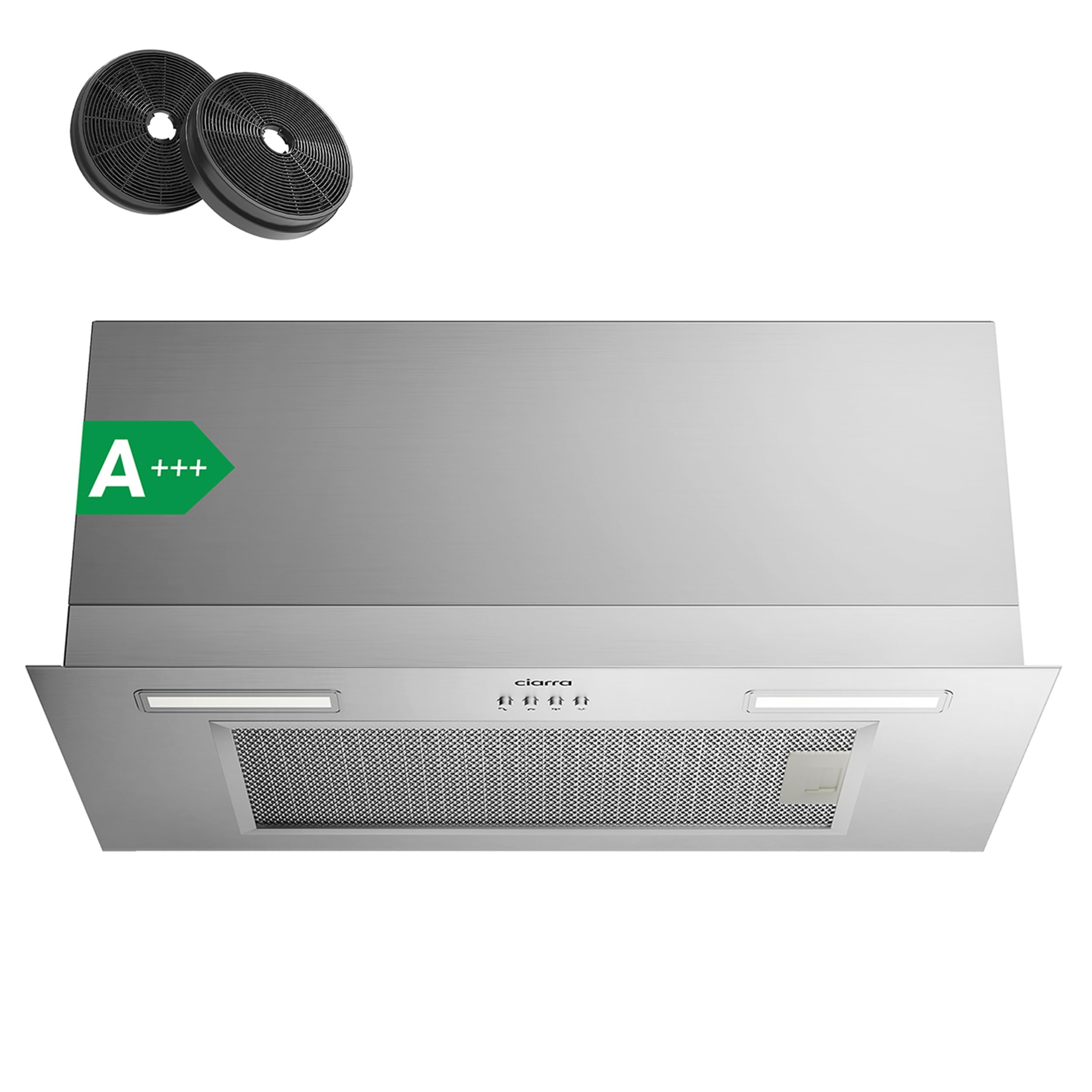 Ciarra Hotte Aspirante Encastrée 60cm A+++, 650 m³/h, 3 Vitesses, Mode Recyclage ou Évacuation, Filtre à Charbon Inclus, LED Éclairage, Inox – CBCS692