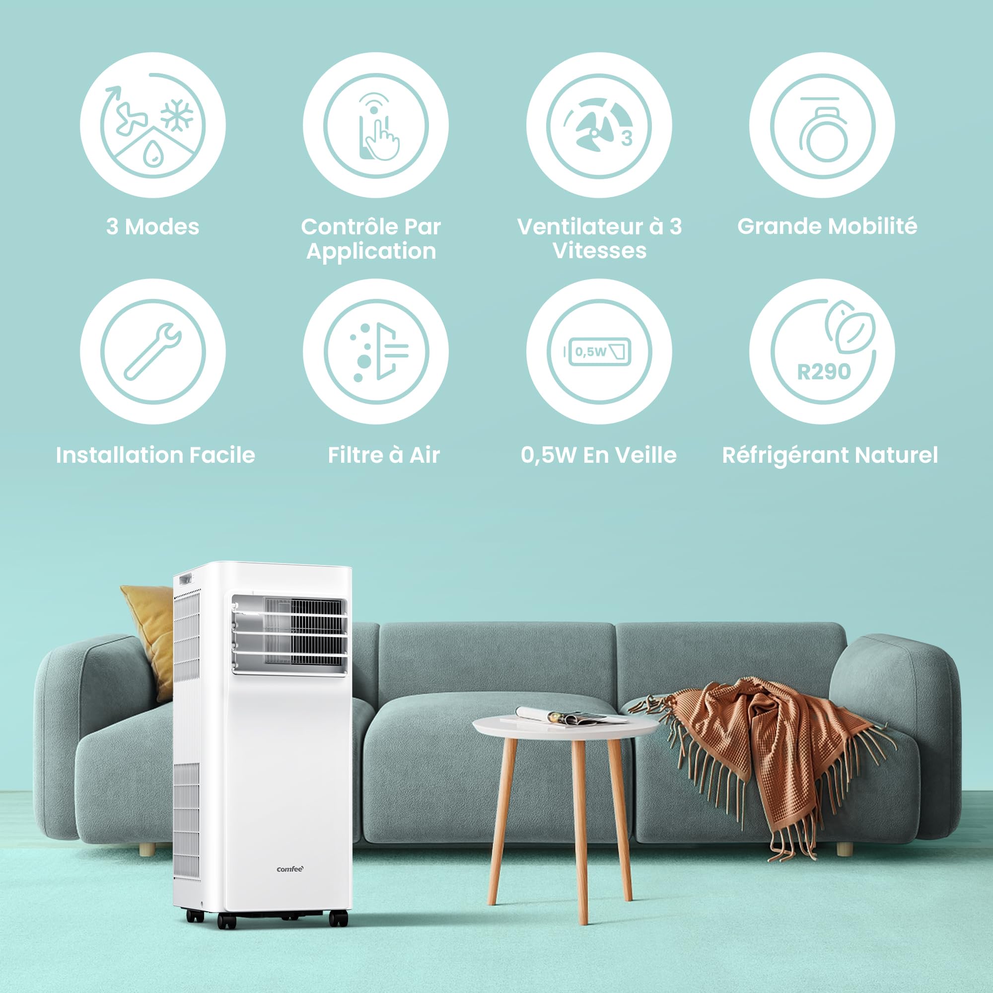 COMFEE' Climatiseur Mobile 7000 BTU/h 2kW, Contrôle APP, 3 Modes, 3 Vitesses de ventilation, Minuterie 24H, Dimensions compactes, Pour pièces de 23㎡,