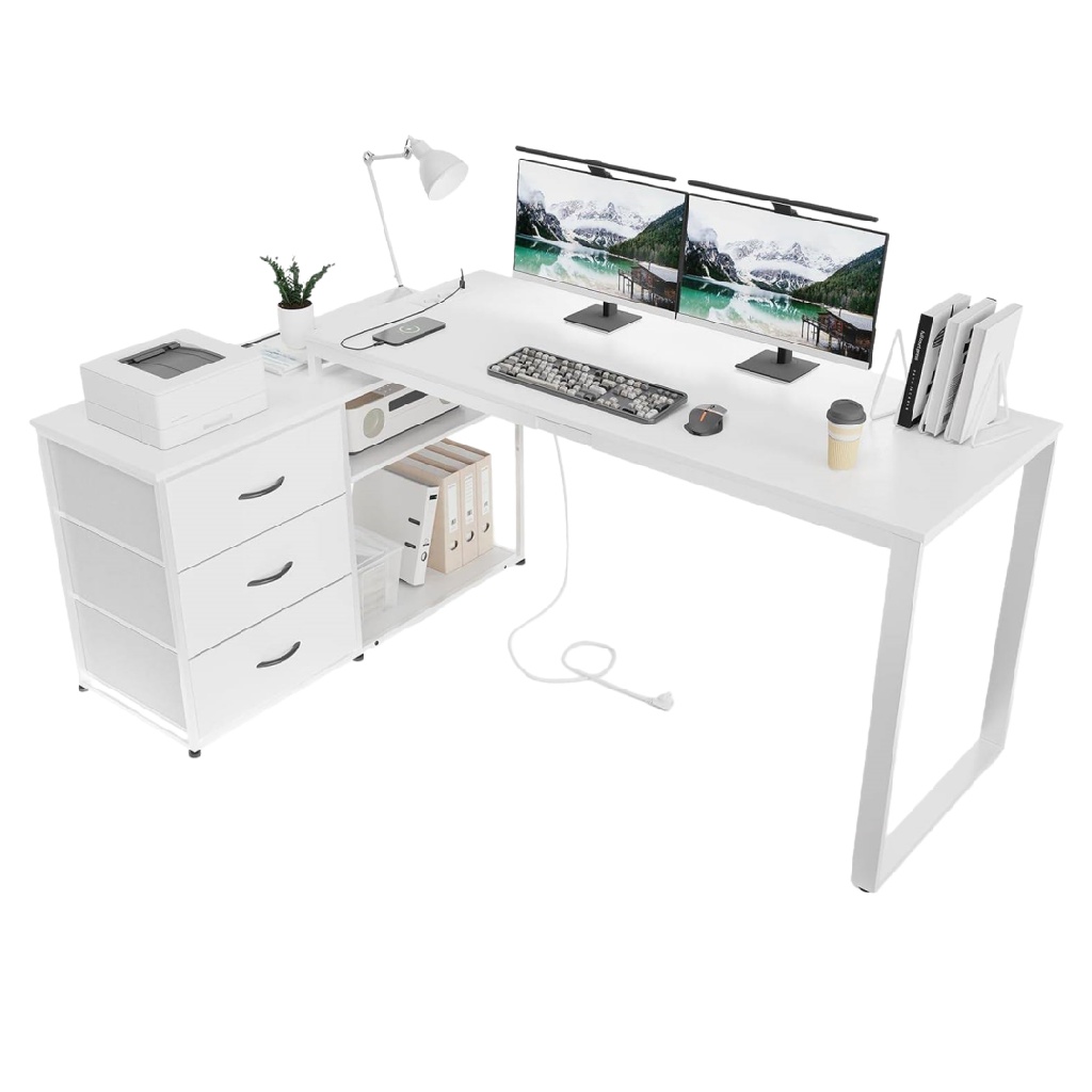 Bureau blanc moderne avec caisson de rangement et étagères — Grand espace de travail