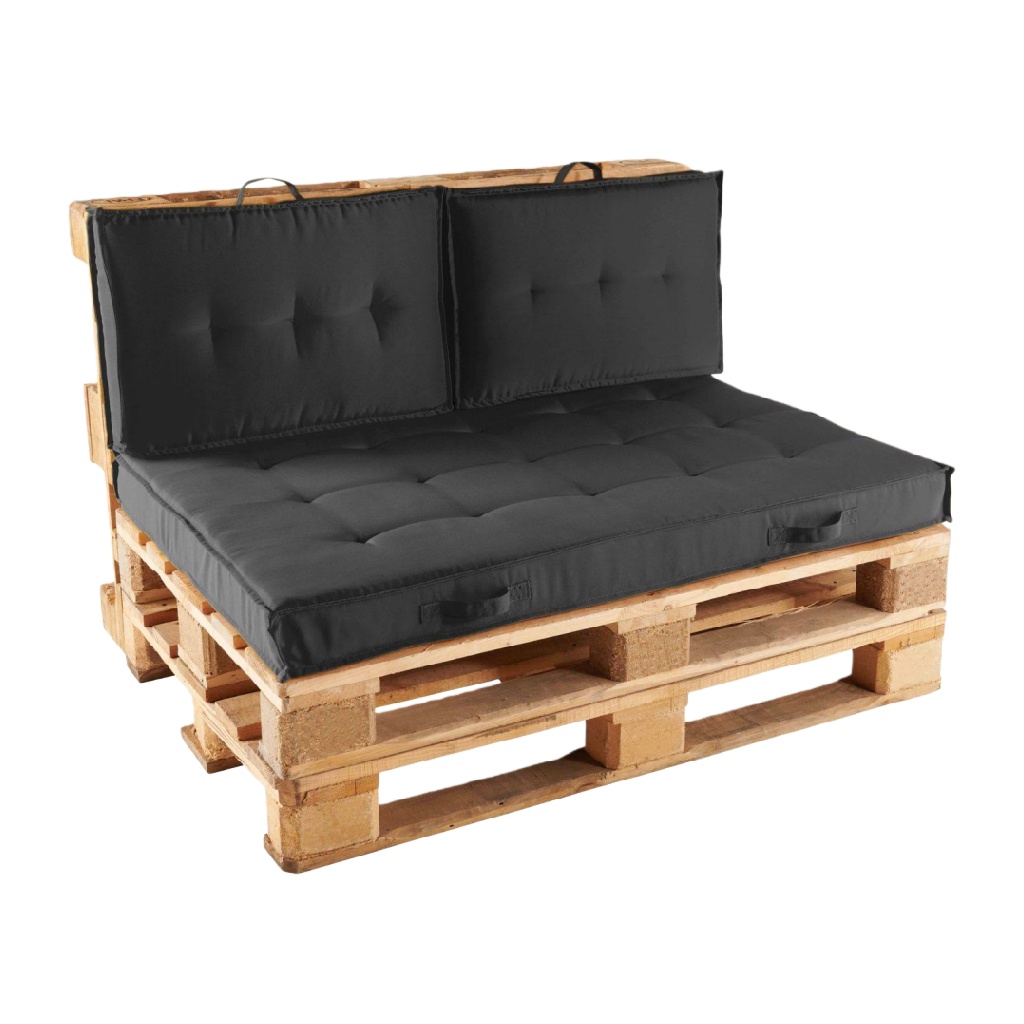 Canapé d’extérieur en palettes avec coussins noirs – 2 places – style industriel