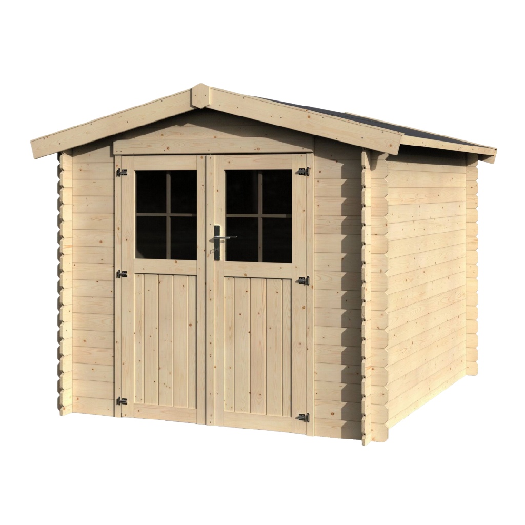 Abri de jardin en bois massif – toit à double pente – double porte vitrée – couleur bois naturel