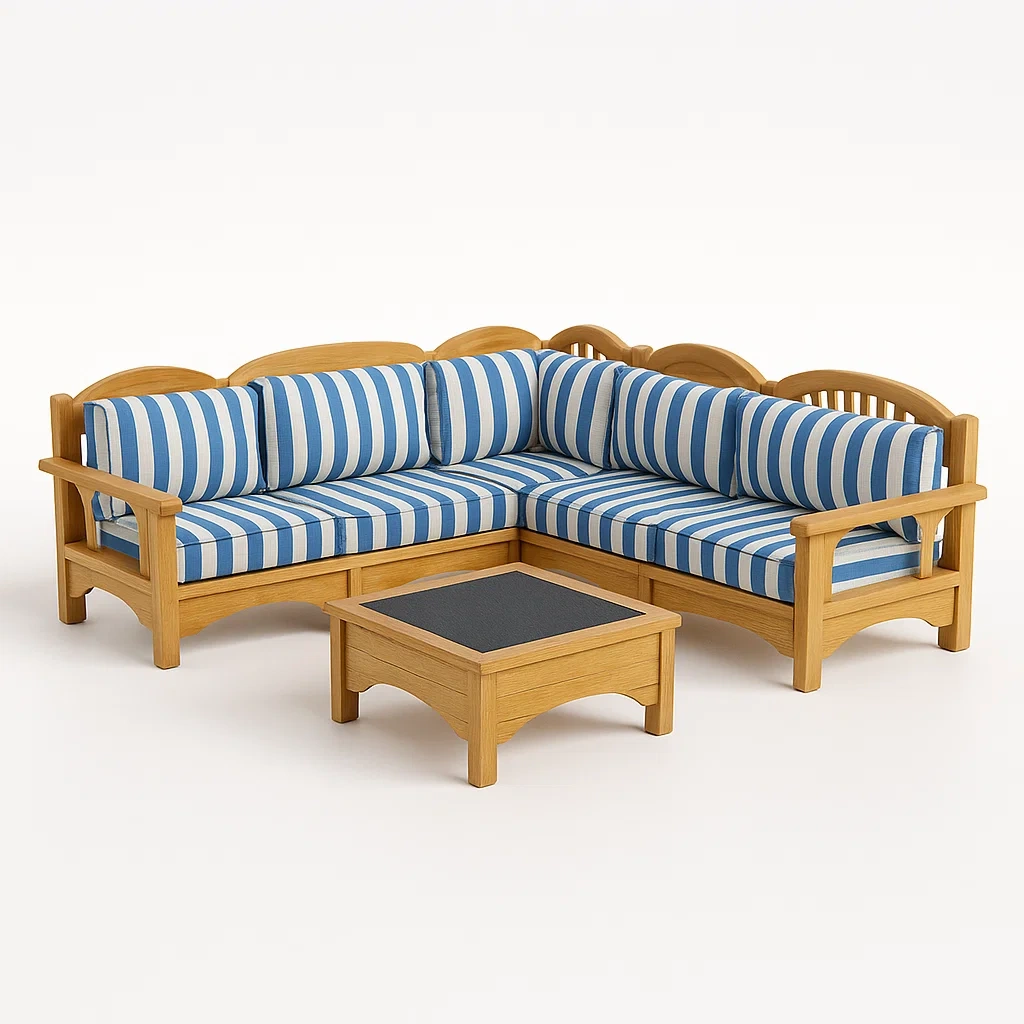 Canapé d’angle en bois avec coussins rayés bleu et blanc