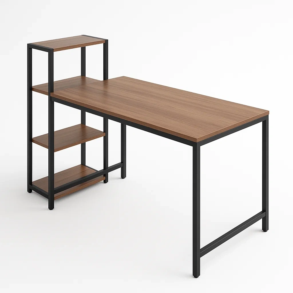 Bureau en bois et métal avec étagères chêne