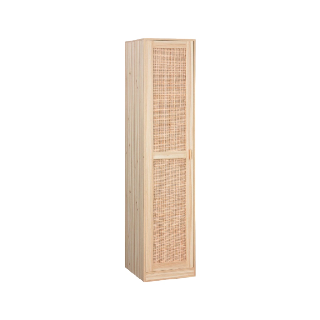 Armoire de Rangement en Bois Naturel avec Porte en Rotin