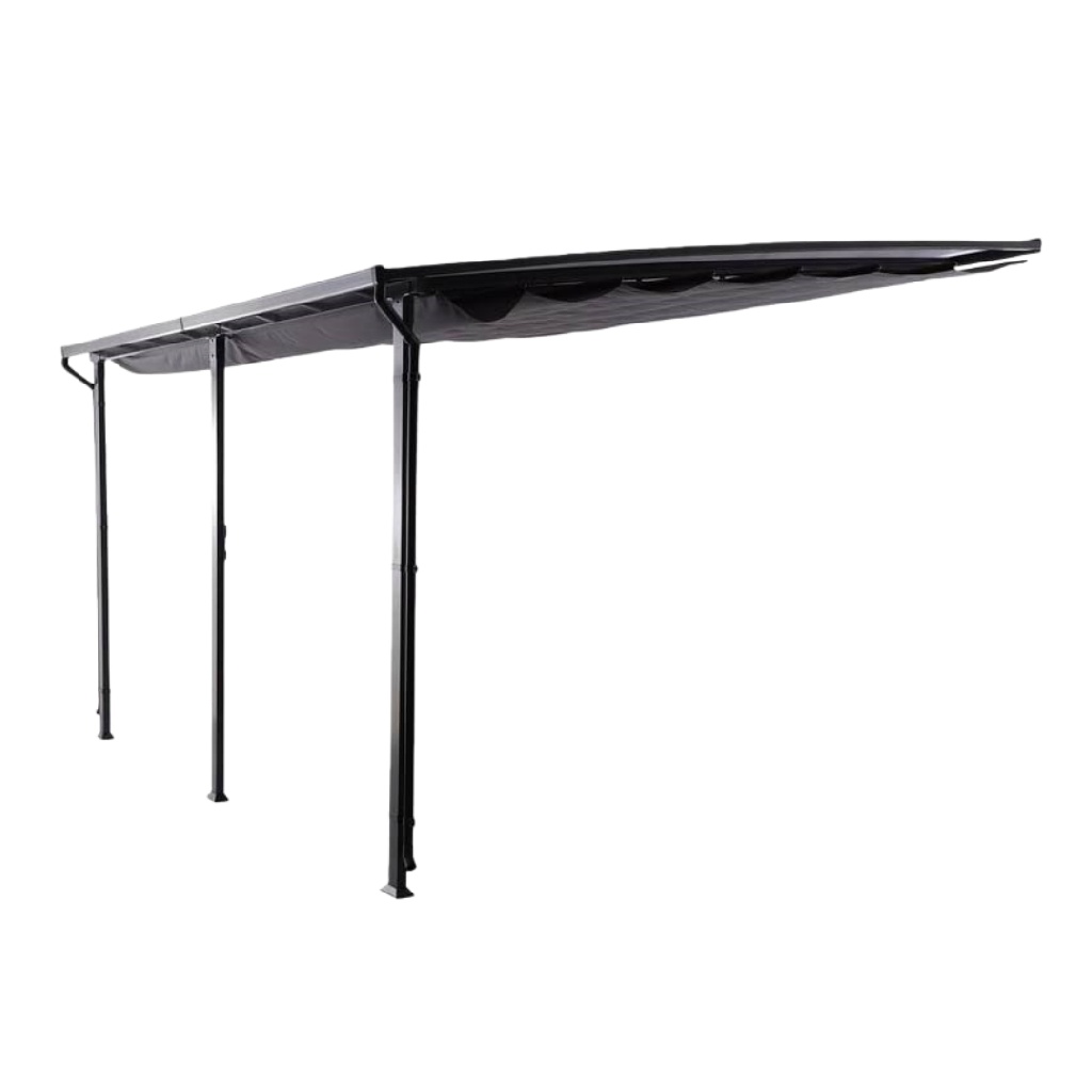 Pergola murale en métal noir avec toile rétractable – tonnelle adossée réglable pour terrasse ou jardin