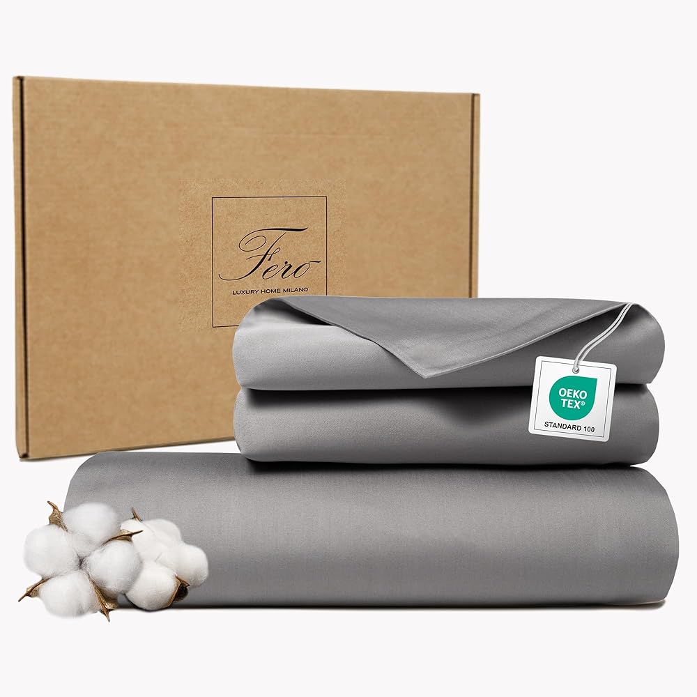 Ferò Housse de Couette 200x200 Coton Premium, 2 Taie d'oreiller 50x75 cm, Parure de Lit Satin 300 TC, Protéine de Soie, Longues Fibres, Design Made in Italy, Couleur Unie, Parures de Lit, Gris : Cuisine et Maison