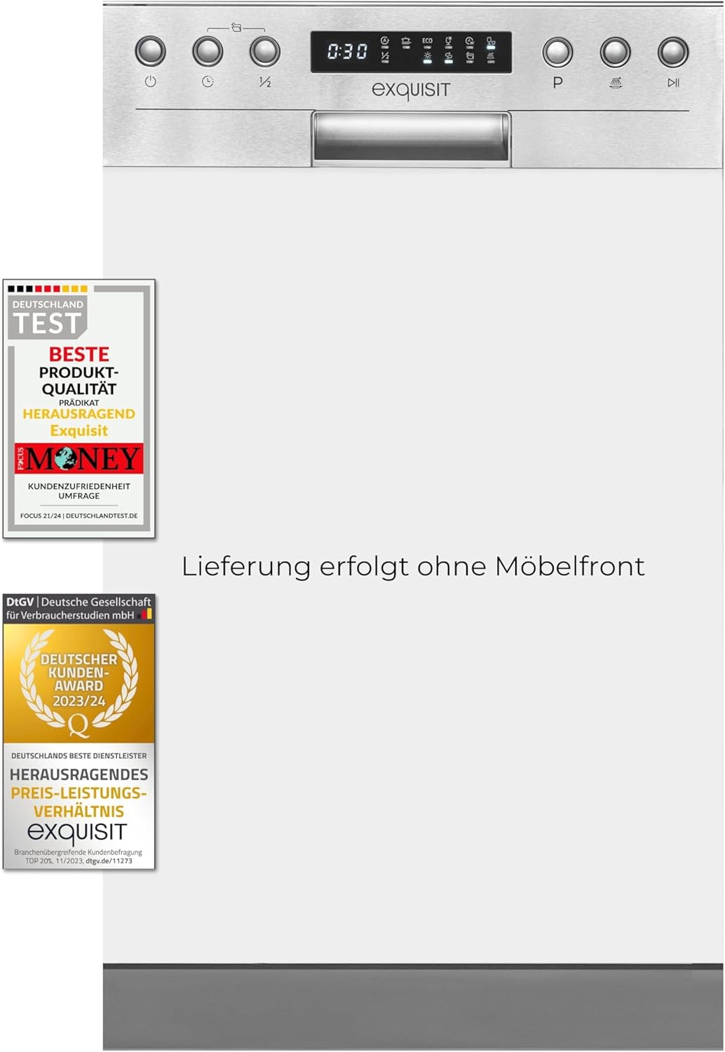 Exquisit Geschirrspüler, Spülmaschine, 45 cm Breite, Teilintegriert, 9 Maßgedecke, 9 Liter, Startzeitvorwahl, ECO-Modus, Geschirrspüler 45 cm, EGSP51009-EB-030E inox