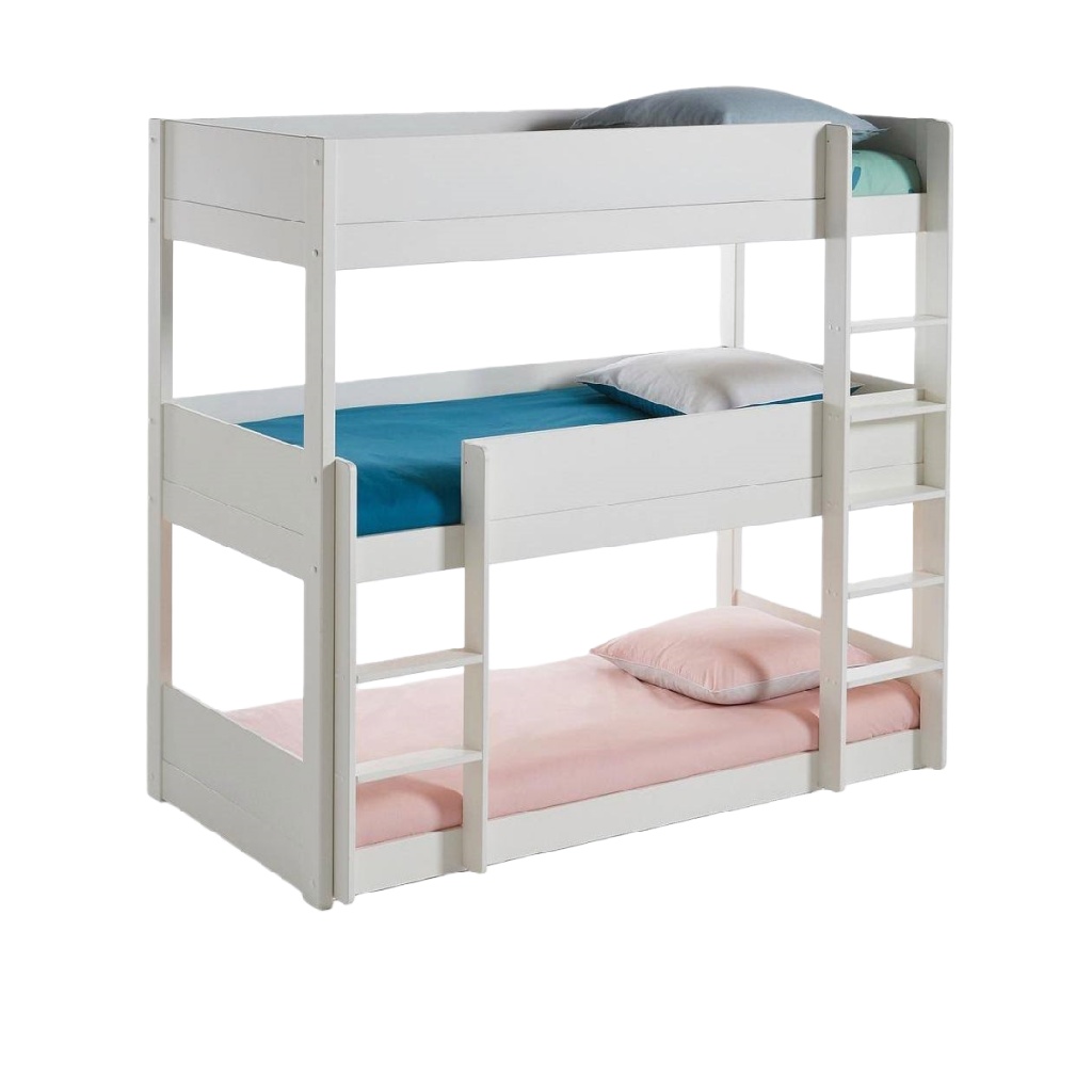 Lit superposé triple en bois blanc — Structure stable — Idéal pour enfants ou chambres partagées