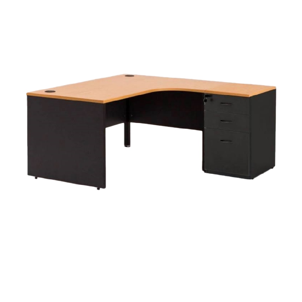 Bureau d’angle professionnel – plateau chêne clair et piètement noir – avec 3 tiroirs de rangement