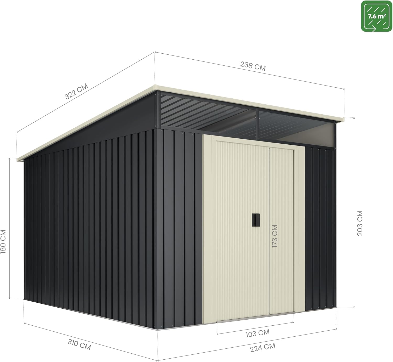 Abri de Jardin en métal 7,6 m2 Stark - 238x322x202cm - Lucarne - Double Porte coulissante - Anthracite Beige - Stockage extérieur