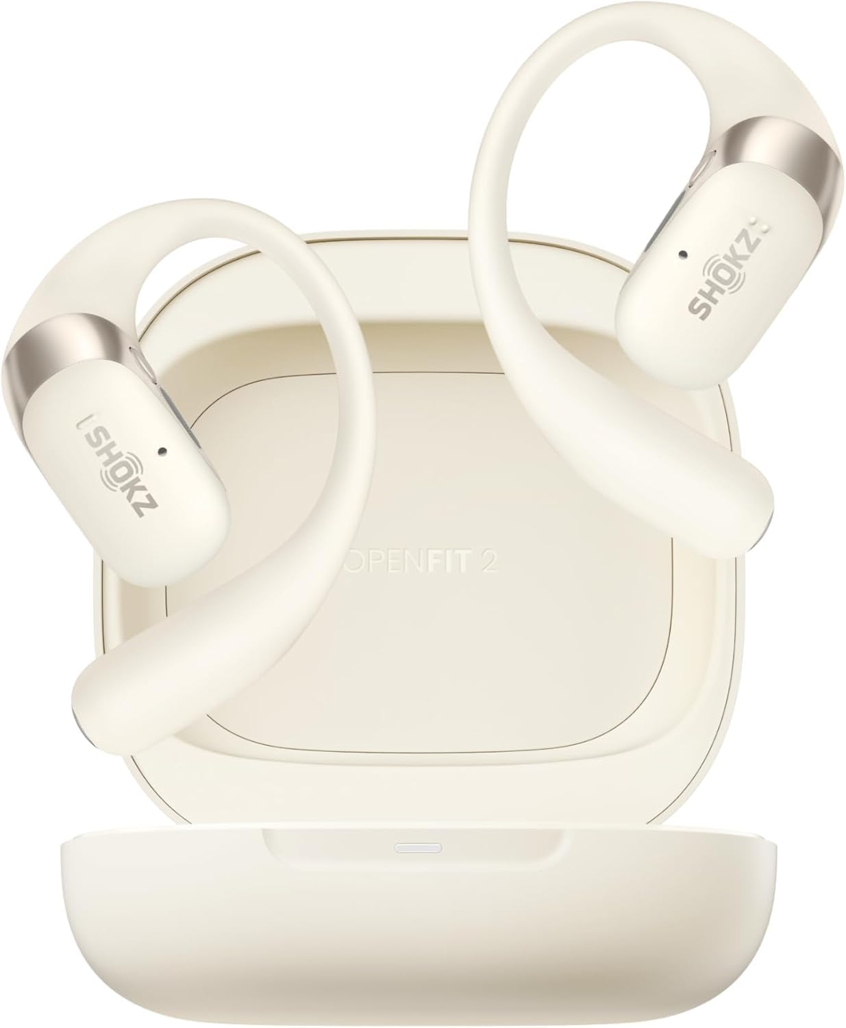 SHOKZ OpenFit 2 Casque à Oreilles Libres, écouteurs Bluetooth sans Fil avec Micro, écouteurs avec Crochet d’oreille et 48 Heures de Lecture, Charge Rapide, résistance IP55, Sac de Transport, Beige