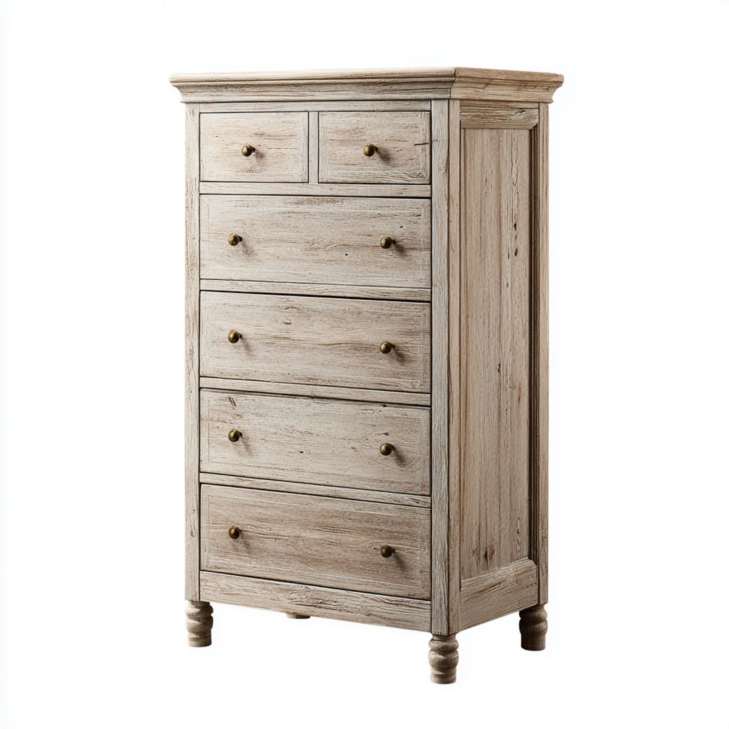 Commode haute 6 tiroirs en bois vieilli
