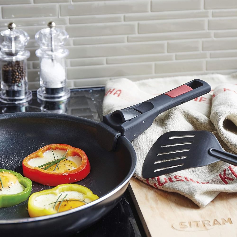 Sitram 712382, Batterie de cuisine 7 pièces : 3 casseroles + 3 poêles + 1 poignée amovible - Aluminium pressé - Tous feux dont induction, Noir : Cuisine et Maison