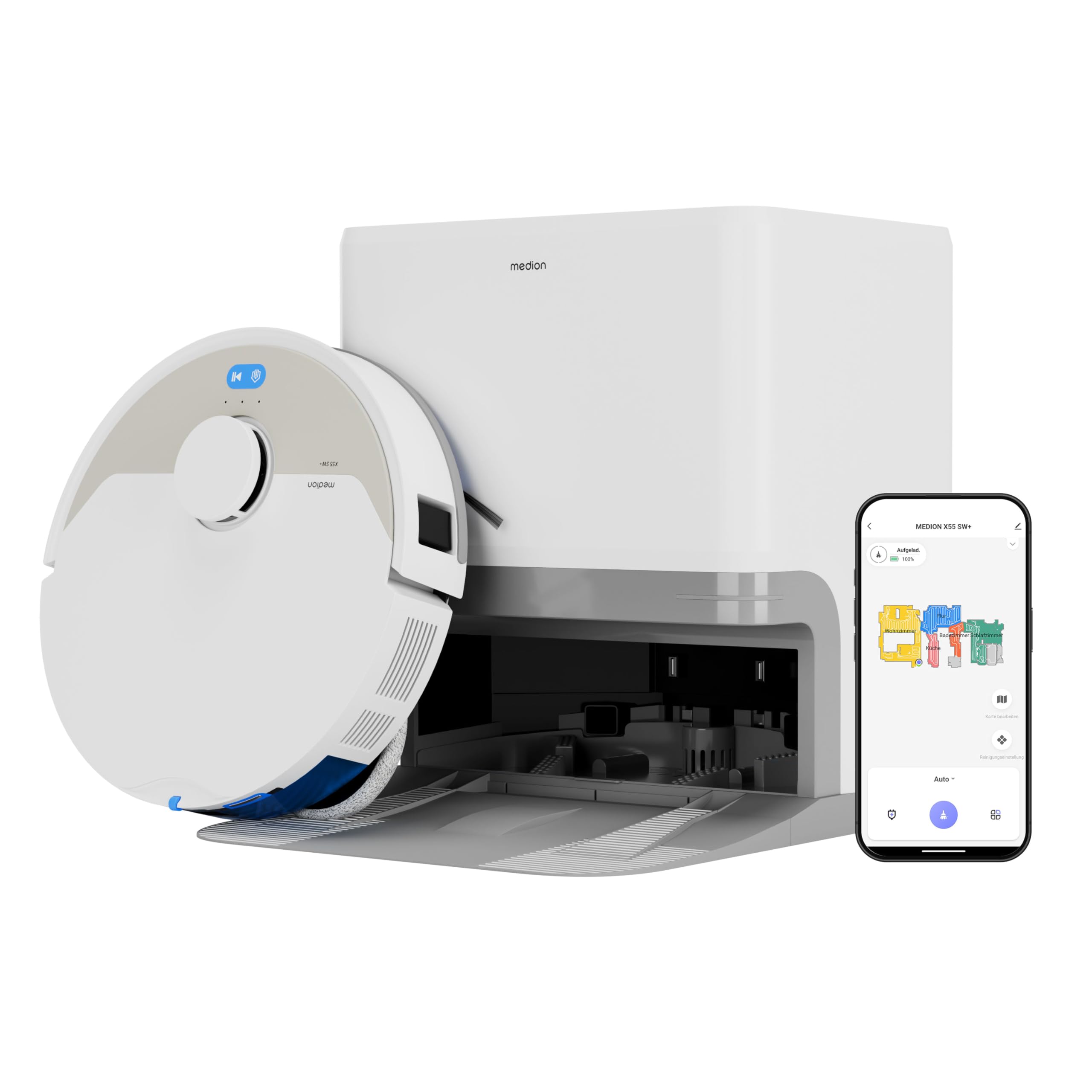 MEDION Robot aspirateur avec Station 3-en-1, Navigation Laser et Fonction serpillère X55 SW+ (Puissance d’Aspiration 10.000 Pa, brosses rotatives, Las