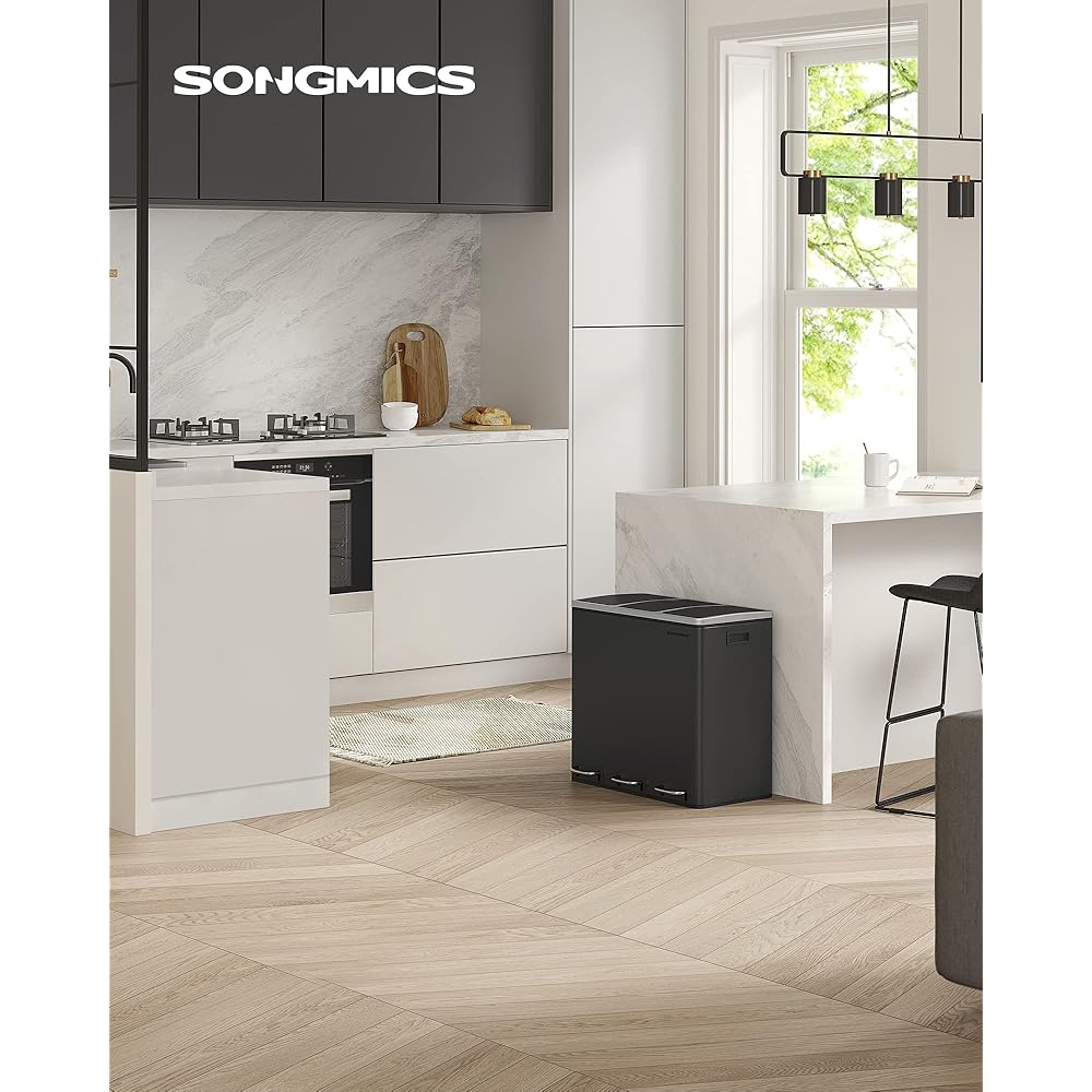 SONGMICS Poubelle Cuisine, 3 x 18L, Poubelle de Tri, 3 Compartiments, Déchets, Compost, Couvercles à Fermeture en Douceur, Pédales, Seaux Intérieurs, Acier, Noir d'Encre LTB54BK : Cuisine et Maison