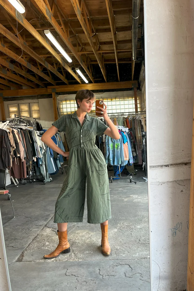 Artisan Hand-Painted Abstract Sage Jumpsuit