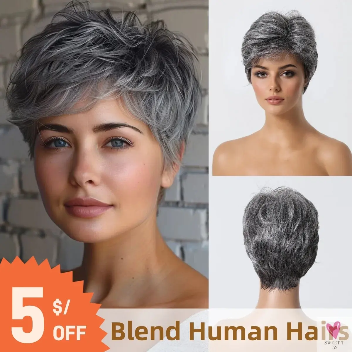 Short Pixie Cut Grey Human Hair Wig - 8 Inch Layered Fashion Blend Wig for Women, Daily Use