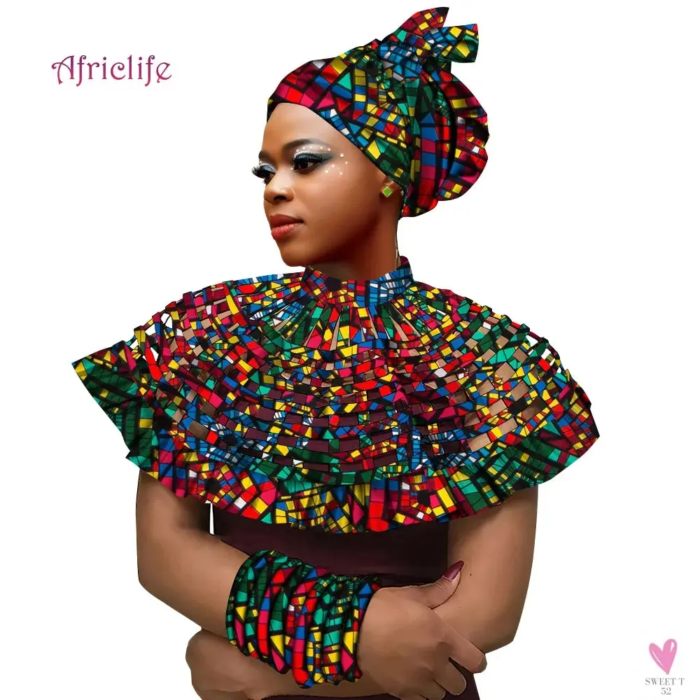 African Ankara Shawl Collar for Women & Girls - Multi Strand Net Necklace, 1 Headband and 10 Bracelets