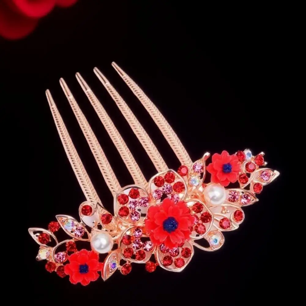 Multicolor Rhinestone Flower Hair Comb - Elegant Five-Tooth Hair Clip Accessory for Women