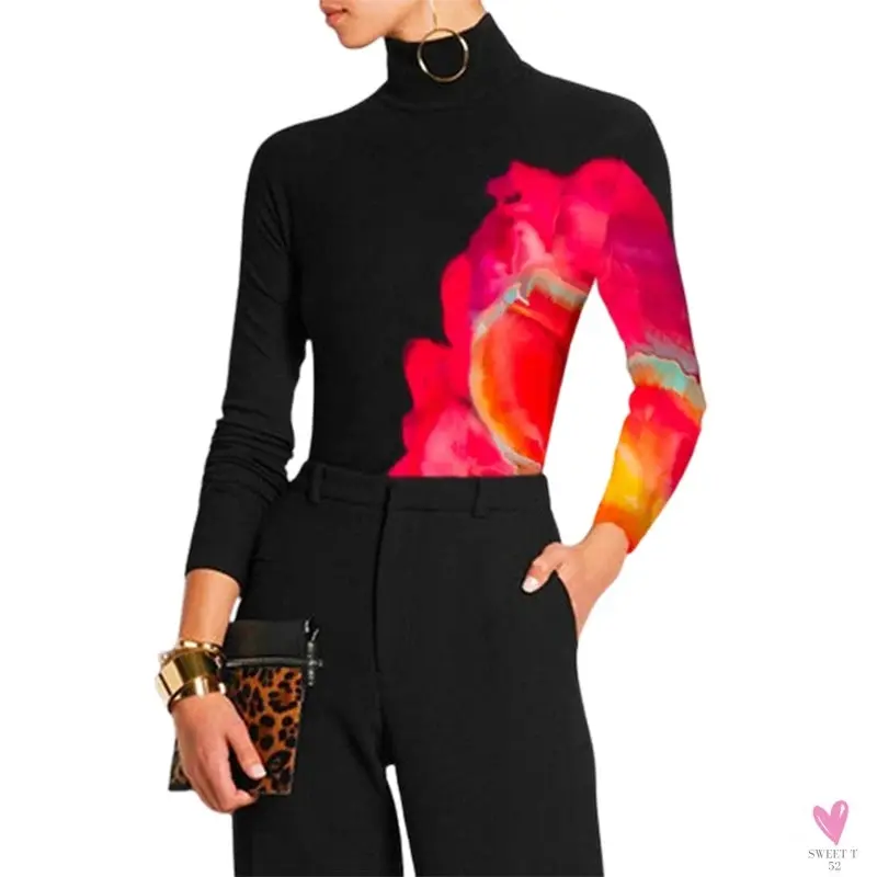 Women's Spring/Autumn Long Sleeve T-Shirts - New Fashion Contrast Color Printed, High Neck Casual Top