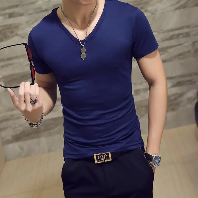 Men's Casual Cotton Jersey T-shirt with V or O-Neck in 10 Solid Colors