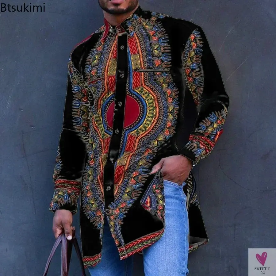 African Men's Clothing, Ethnic Print, Plus Size Tops - Wedding Wear.  Classic Men's Long Sleeve Shirts, Traditional Casual Shirts