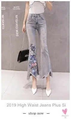 Women's Flower Embroidered Straight leg Jeans - Female Casual Pencil Pants, Straight Leg Jeans