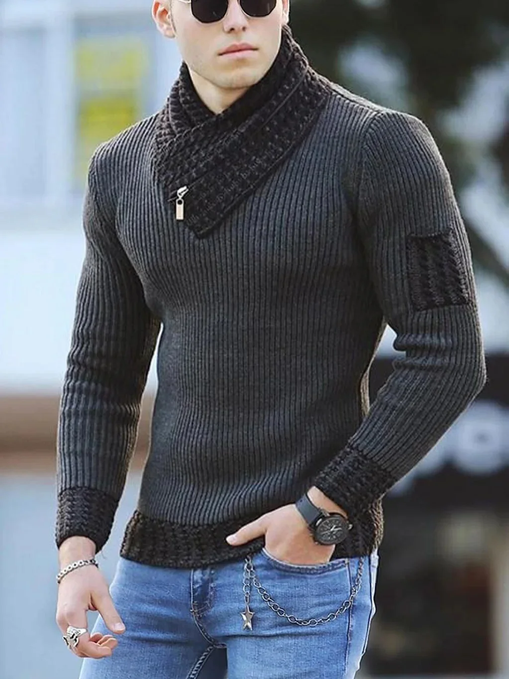 Men's High Collar Long Sleeve Sweater, Trendy Color-Block Knitted Shirt, Casual Wear, Comfortable and Soft