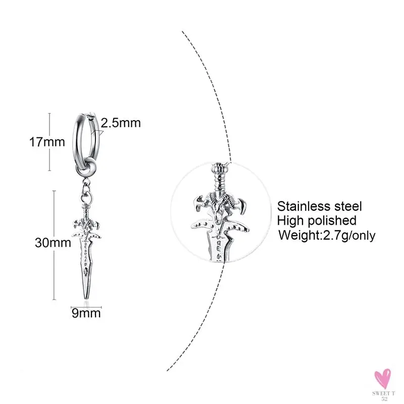 Cool Single Silver Stainless Steel Hoop Dagger Earring for Men & Boys