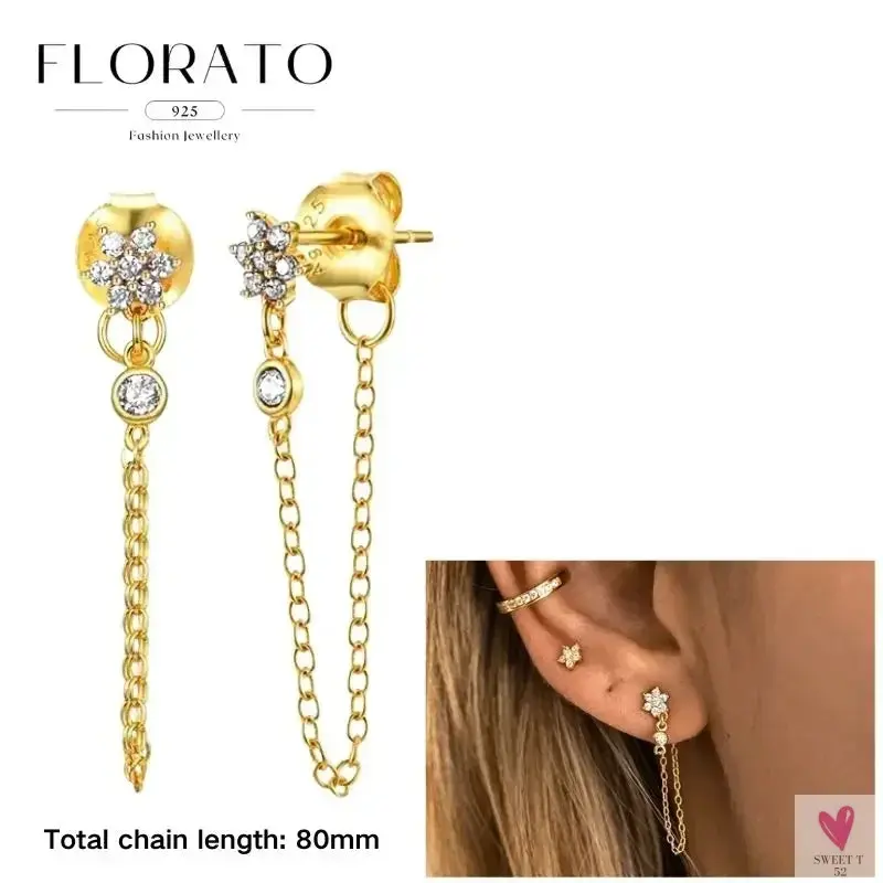 925 Sterling Silver Long Chain Tassel Drop Earrings for Women - Crystal Zircon Star Perforation Earrings, Fine Jewelry