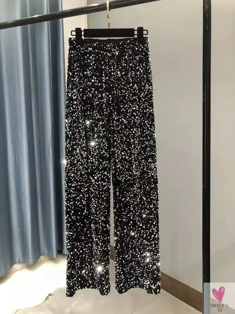 Sequined Wide Leg Trousers - Shiny Full Length Straight Women's Elastic Waist, High Street 2023 Fashions