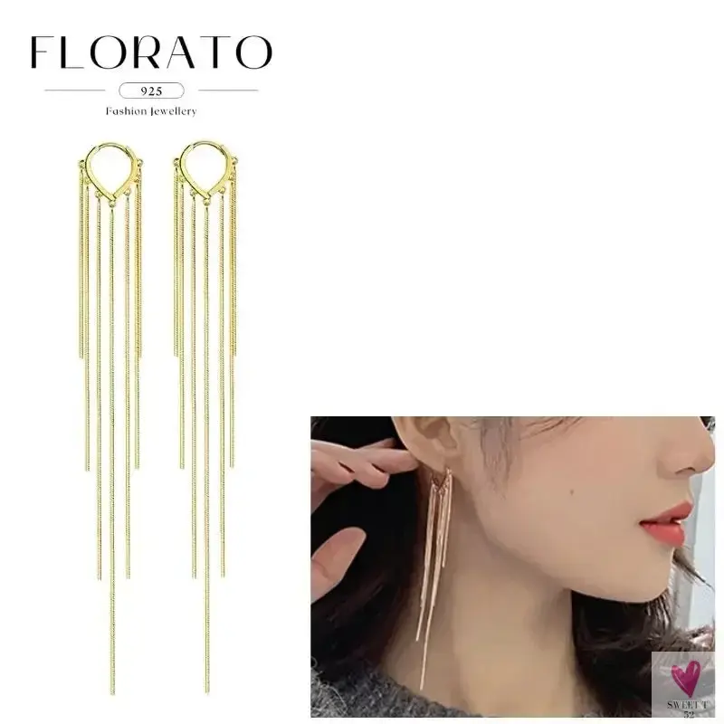 925 Sterling Silver Long Chain Tassel Drop Earrings for Women - Crystal Zircon Star Perforation Earrings, Fine Jewelry