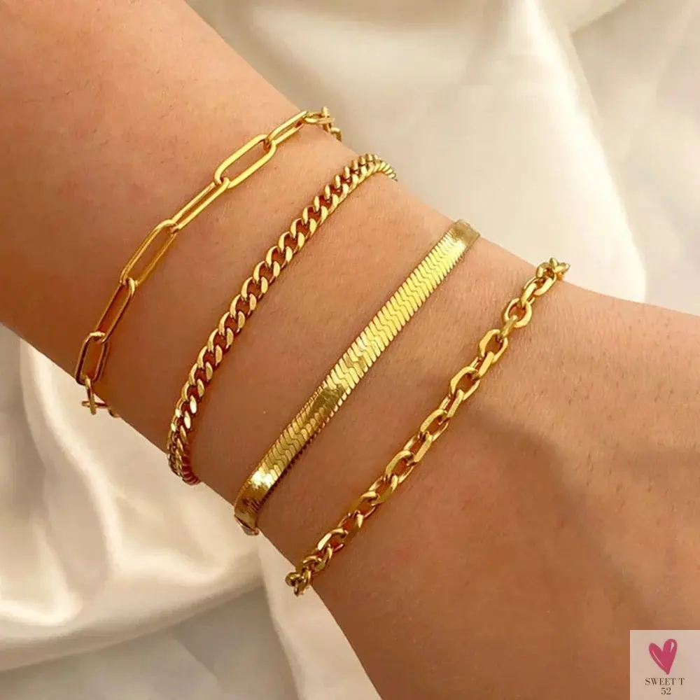 4 Pcs/Set New Trendy Classic Gold Color Twist, Cuban Snake Chain Bracelet Sets for Women, Fashion Jewelry - Gifts