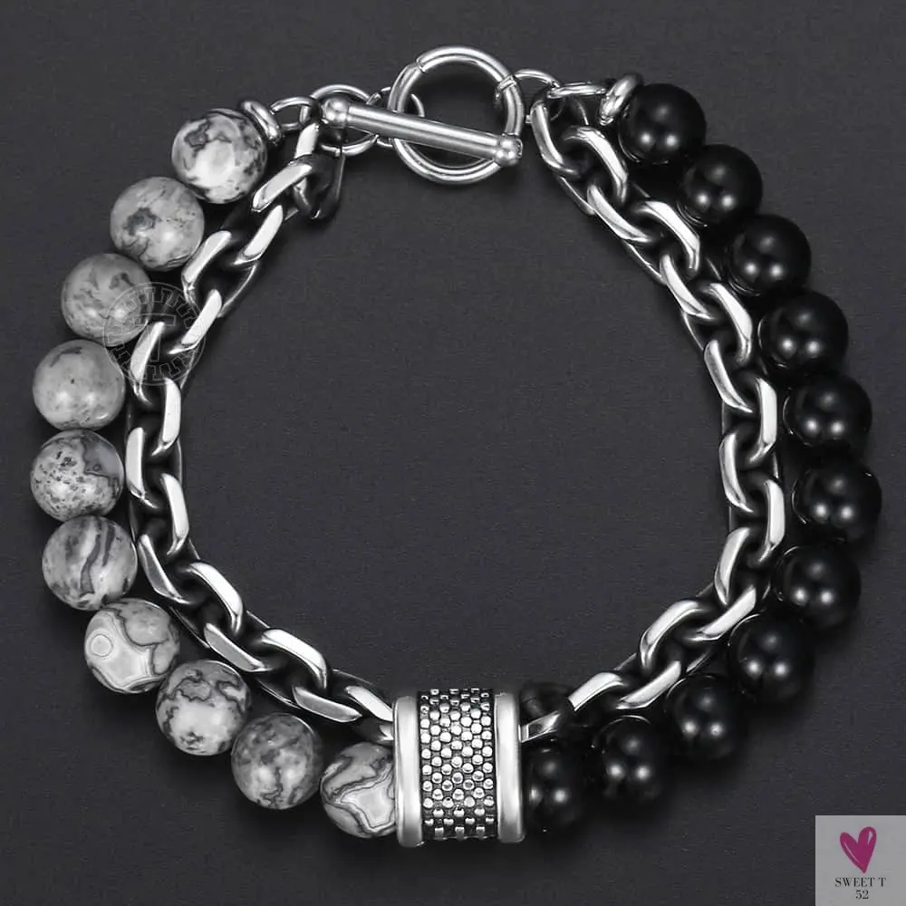 Natural Map Stone Men/Women's Beaded Bracelet, Stainless Steel Bracelets, Unisex Jewelry - Tiger Eyes